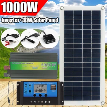 YAGOU Inversor 1000W Sistema de Painel Solar 220V, Painel Solar 30W de Potência de Carro, Carregador de Bateria USB com o Controlador para Acampar ao ar livre