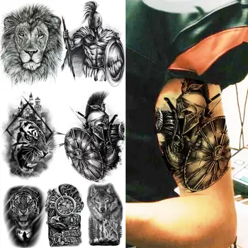 Guerreiro Espartano Tatuagens Temporárias Para Os Homens De Meninos Realista Leão Lobo Tigre Bússola Falso Etiqueta Da Tatuagem Do Braço No Peito Impermeável Tatoos