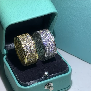 Luxo anel de Prata 925 Ouro Amarelo Cheio AAAAA Cúbicos de Zircônia Banda de Casamento de Anéis para as mulheres, homens noite da Festa de Jóias