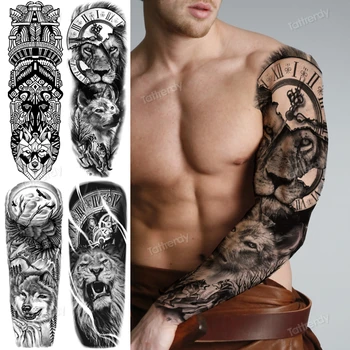 grande tatuagens temporárias total manga do braço preto etiqueta da tatuagem homens menino impermeável de grande corpo tatto rei leão lobo bússola padrão