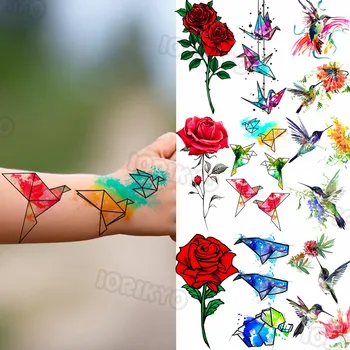Colorido Papel De Guindaste Temporária De Tatuagens Pequenas Para As Mulheres, As Crianças Flor Beija-Flor De Desenhos Animados Baleia Falso Etiqueta Da Tatuagem Do Braço Pescoço Tatoos