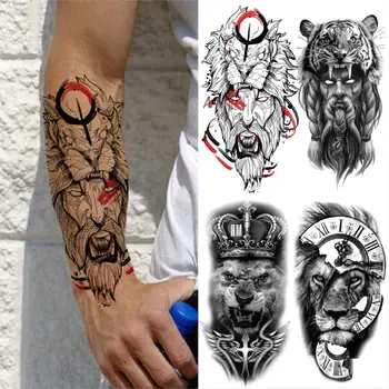 Rei Leão Diabo Tatuagens Temporárias Para Os Homens, As Mulheres Realista Tigre Demônio Bússola Coroa Fake Tattoo De Transferência De Água Do Corpo Arte Tatoos