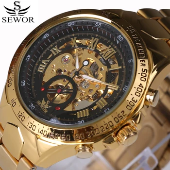 Marca de luxo esportes Homens de Negócios, Relógios de Pulso Mecânico Automático do Relógio de Ouro Militar Esqueleto de aço inoxidável Relógios reloj