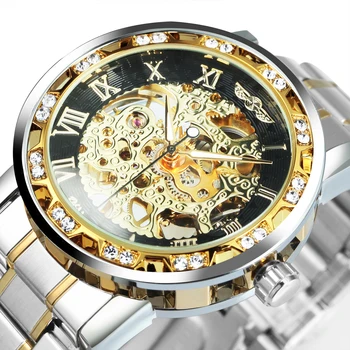 Vencedor Forma Transparente Diamante Luminoso Royal Design Mens Relógios De Melhor Marca De Luxo Masculina Mecânica Do Esqueleto De Ouro, Relógio De Pulso