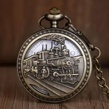 Novo Relógio Antigo Relógios de Bolso de Tamanho Grande de Bronze de Trem Cabeça de Quartzo Relógios de Bolso, Com Colar de Cadeia para Homens Mulheres Melhores Presentes