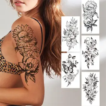 3D Flor de Meia Manga Tatuagens Temporárias Para as Mulheres, Meninas Borboleta Preta Cravos Peônia Etiqueta da Tatuagem Falsa Tatoos Impermeável