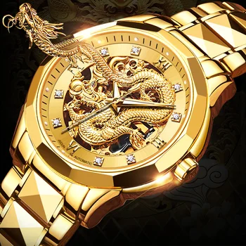 JSDUN Dragão de Ouro Para Ver os Homens de Luxo de Marca Original Relógio Mecânico Automático Cinta de Aço Inoxidável Oco esculpida Homem Assistir