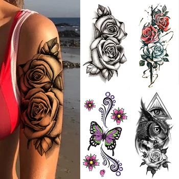Impermeável da Etiqueta Temporária Tatuagem 3D Laço Rosa Flor Tatuagens Linha Lotus Arte no Corpo, Braço Falso Manga Tatoo Mulheres Homens