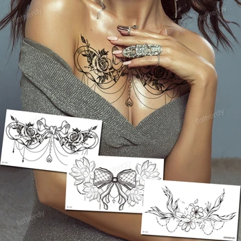 tatuagens temporárias de mulher sexy mama tatuagem para mulheres, meninas corpo arte jóias adesivos preto henna mandala tatuagem falsa impermeável