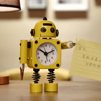 Metal robô relógio despertador crianças dos desenhos animados bonitos silêncio relógio despertador criativo pequeno relógio despertador