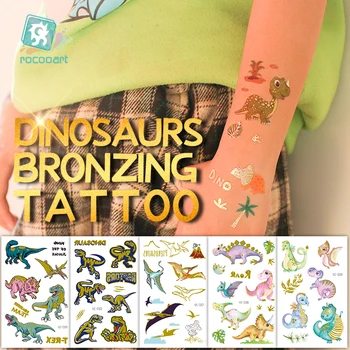Rocooart Glitter Em Pó Tatuagens Crianças Dos Desenhos Animados De Dinossauros Temporária Corpo Adesivos Descartáveis Falso Tatto Para Crianças De Bronzeamento Taty