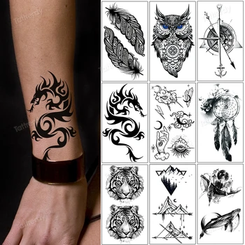 a transferência de água etiqueta da tatuagem de dragão negro cabeça de tigre bússola coruja tatuagens temporárias de pequeno anime flores da planta falsa tatoo henna