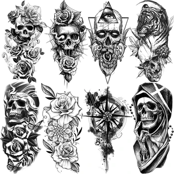 3D do Crânio Rosa Flor Tatuagens Temporárias Para as Mulheres, Homens Geometria Tigre Bússola Mandala Fake Tattoo Lavável Corpo, Pintura da Arte Tatoo