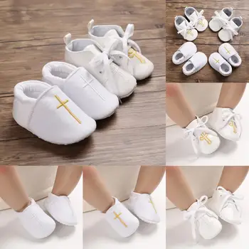 Branco Novo Batismo De Bebê Sapatos De Bebê Recém-Nascido De Moda De Criança Calçados Igreja Da Cruz Meninos E Meninas Casual Macio, Com Sola De Sapatos De Bebê