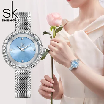 SHENGKE de alto Luxo da Marca Mulher Relógios Diamante Azul do Céu, as Mulheres de Quartzo de Pulso, Design Original de Malha Correia Senhoras Relógio