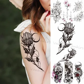 Grande Preto Flora Lua Tatuagens Temporárias Para As Mulheres, Meninas Realista Lily Lotus Crânio De Dragão Falso Etiqueta Da Tatuagem Do Braço Perna Tatoos