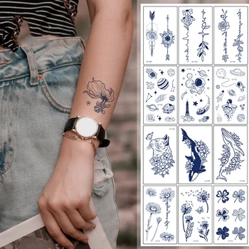 Azul Falso Etiqueta Da Tatuagem Planta Herbácea Suco Impermeável De Longa Duração Tatuagens Temporárias De Mão Pequena Mão De Dedo Pulso Bonito Tatuagem De Flor