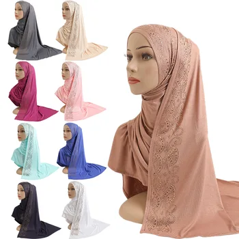 As Mulheres Muçulmanas De Pedra De Strass De Algodão Jersey Longo Lenço De Strass Véu Islâmico Hijab Quebra Cabeça Árabe Da Malásia Sólido Pashmina