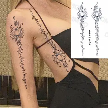 Black Lotus Inglês Cadeia De Tatuagens Temporárias Para As Mulheres Garota Pingente Mandala De Volta Braço Falso Da Tatuagem Da Arte Corporal Impermeável Tatoo Decalque