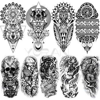 Grande Mandala Lobo Tatuagens Temporárias Para As Mulheres, Homens Geometria Espinhos Crânio Tigre Leão Bússola Guerra Falso Etiqueta Da Tatuagem Do Braço Tatuagens