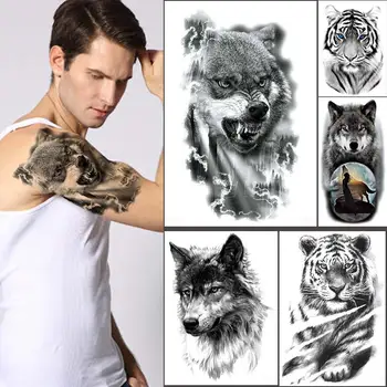Lobo Etiqueta da Tatuagem de Tigre Leão Animais Tatuagem Temporária Corpo à prova d'água Etiqueta para Mulheres, Homens da Floresta Negra Fake Tattoo do Lobo