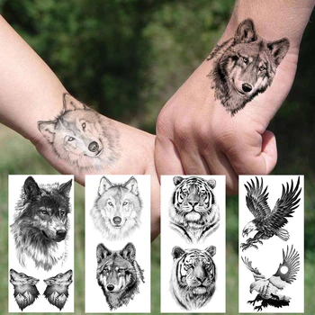 Águia Negra Tatuagens Temporárias Para Os Homens, As Mulheres Tigre Lobo Realista Coyote Etiqueta Da Tatuagem Criativa Montanha Esboço Falsa Tatoo Mãos