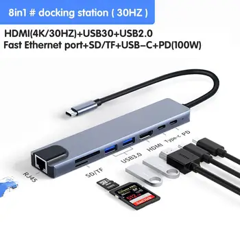 Hub USB C 8 Em 1 Tipo C 3.1 4K Adaptador HDMI RJ45 SD/TF Leitor de Cartão de PD Carga Rápida Thunderbolt 3 USB Dock para MacBoo F5X0