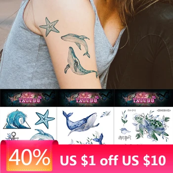 Oceano Série Impermeável Tatuagens Temporárias De Baleia Estrela-Do-Mar Shell Mulheres Colorido Moda Braço Perna Da Tatuagem Da Arte Corporal Adesivos Atacado