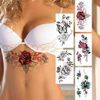 Henna Flor de Rosa Tatuagem Temporária Para Mulheres Meninas Falsas Jóias de Renda Tatuagens Adesivo de Borboleta Preta Lotus 3D Tatoos Mama no Peito