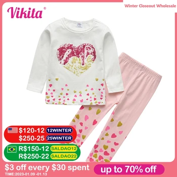 VIKITA Outono Meninas de Pijama de Manga comprida T-shirts com Calças de Crianças Conjunto de Roupas de Algodão Suavemente Crianças Pijamas Criança Homewear