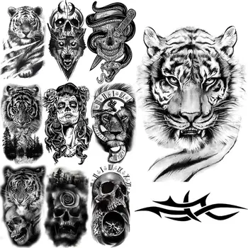 Realista Tigre Tatuagens Temporárias Para Os Homens Do Corpo De Adultos Braço Tatuagens De Leão Bússola Lobo Da Floresta Cobra Crânio Falso Etiqueta Da Tatuagem