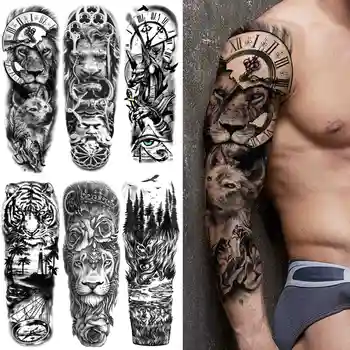 Realista Falso Rei Leão Tatuagens Temporárias Para Os Homens, As Mulheres Floresta Negra Tigre Etiqueta Da Tatuagem De Flores Geométricas Tattos De Manga Comprida