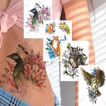 Pássaro Colorido Fox Tatuagens Temporárias Adesivo Realista Falso Leão Mata Aquarela Tigre Tatuagem Para Mulheres Sexy Corpo Arte Tatoos